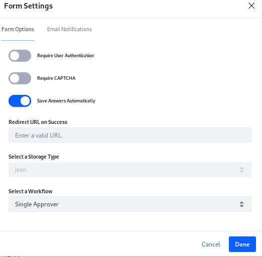 Figure 2: Enable workflow for each form in its Settings window.