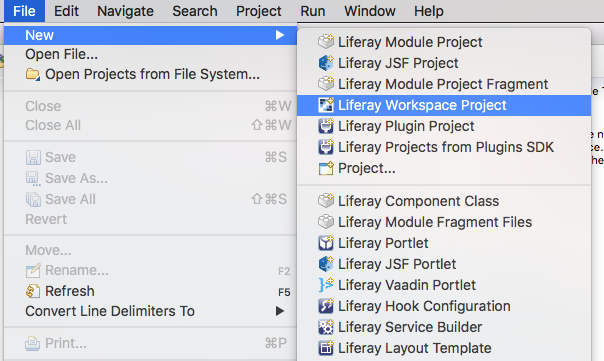 Figure 1: By selecting Liferay Workspace Project, you begin the process of creating a new workspace for your Liferay projects.