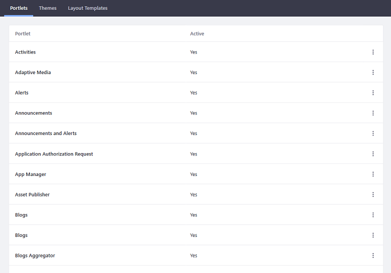 Figure 2: The components listing lets you manage the portlets, themes, and layout templates installed in your Liferay DXP instance.