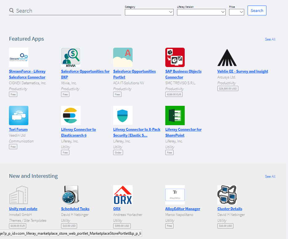 Figure 1: The Liferay Marketplace home page lets you browse and search for apps.