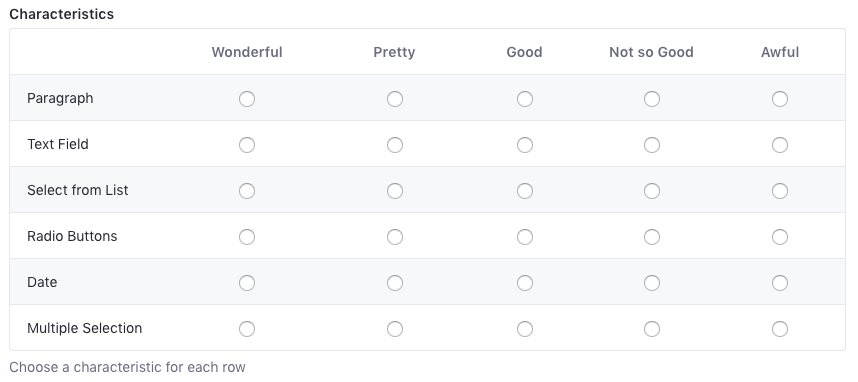 Figure 8: Grid fields use the same options (columns) for multiple categories (rows).