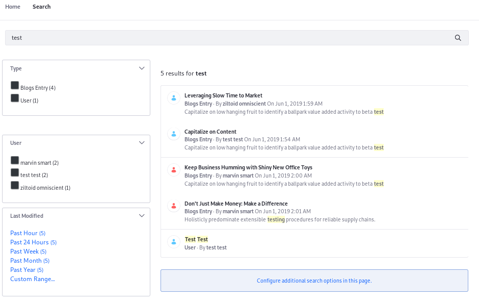 Figure 3: The default page is pre-configured with the Search Results widget and the various Facet widgets to provide a full search experience.