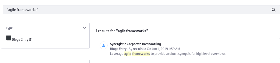 Figure 3: Search for exact phrase matches by enclosing search terms in quotes. If a user searched for agile frameworks, this result would not be returned.