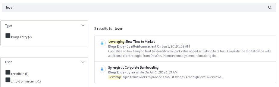 Figure 4: Searching for lever also returns leverage and leveraging.
