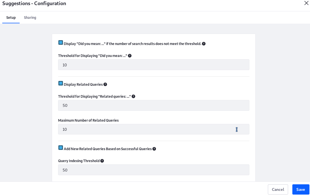 Figure 7: Configure the suggestion settings to allow for user input mistakes and help lead users to results.