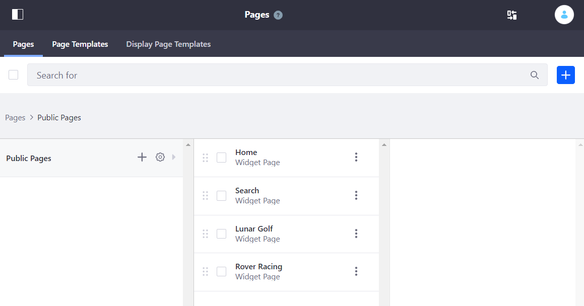 Figure 1: The Pages screen lets you edit your Site pages as a whole.