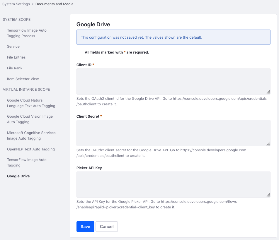 Figure 1: Enter your Google projects OAuth 2 client ID, OAuth 2 client secret, and Picker API key.