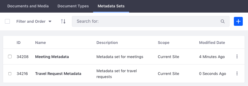 Figure 1: The Metadata Sets management window lets you view existing sets and create new ones for applying to document types.