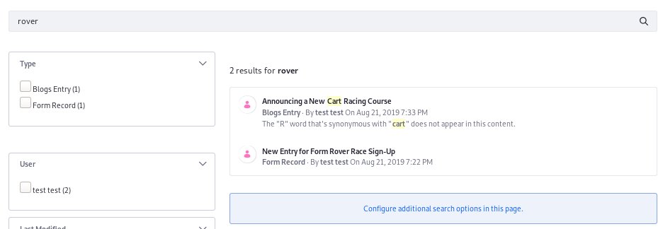 Figure 3: The Blogs Entry does not contain the word rover but it can be matched because of a synonym set mapping cart as its synonym. The synonym is even highlighted.