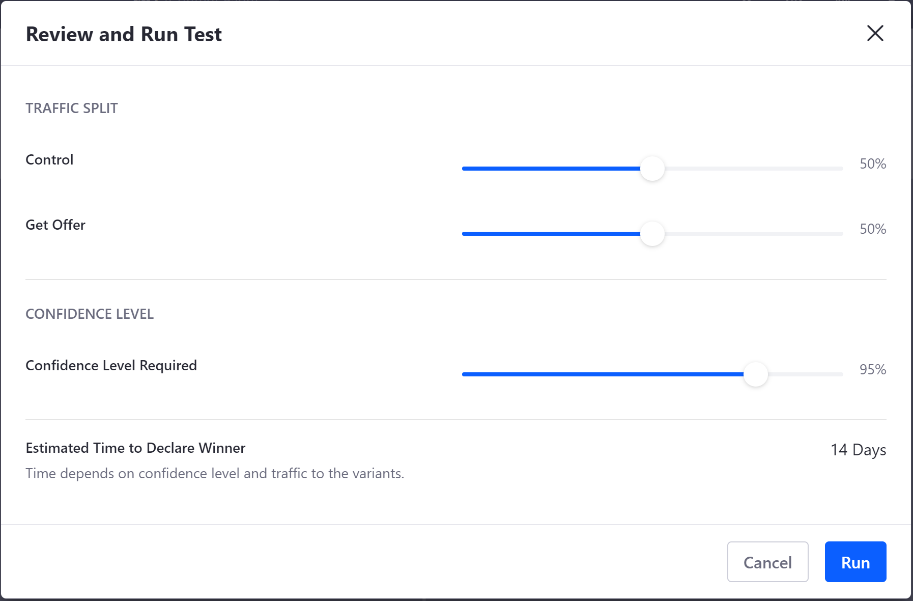 Figure 1: Configure the final parameters of your A/B test before running it.