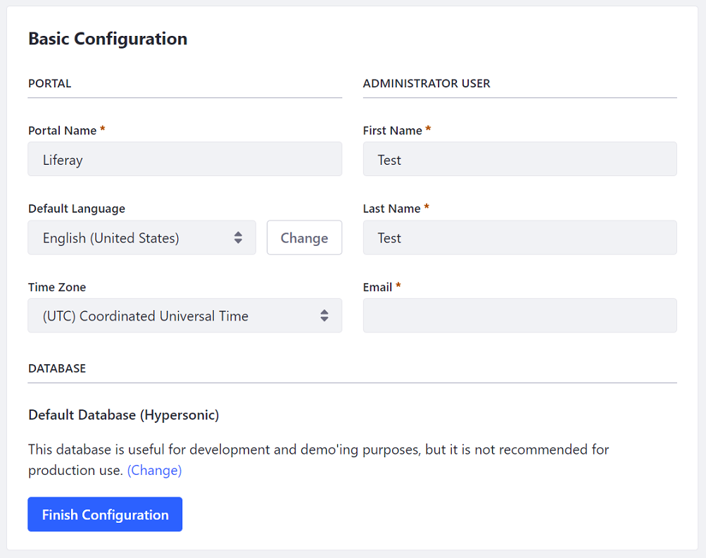 Figure 1: Supply the information for your portal and your portals default administrator user on the Basic Configuration page.