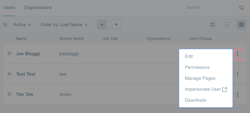 Figure 4: Open the Actions menu next to a listed user to update its configuration.