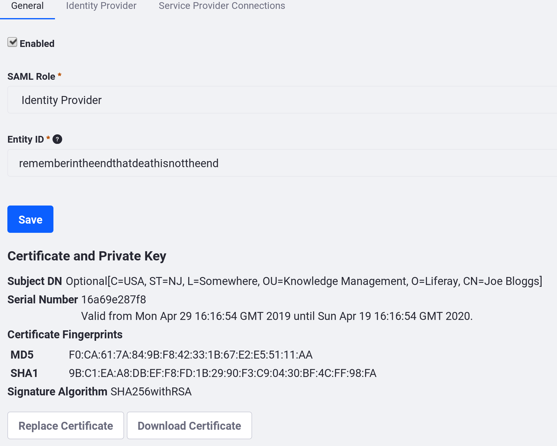 Figure 2: The General tab of the SAML Admin portlet displays information about the current certificate and private key and allows administrators to download the certificate or replace the certificate.